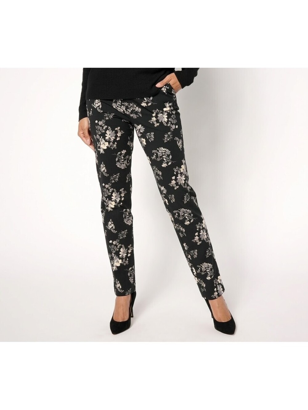 Isaac Mizrahi Live! 24/7 Stretch Straight Leg Printed Pants Black Floral Plus 20